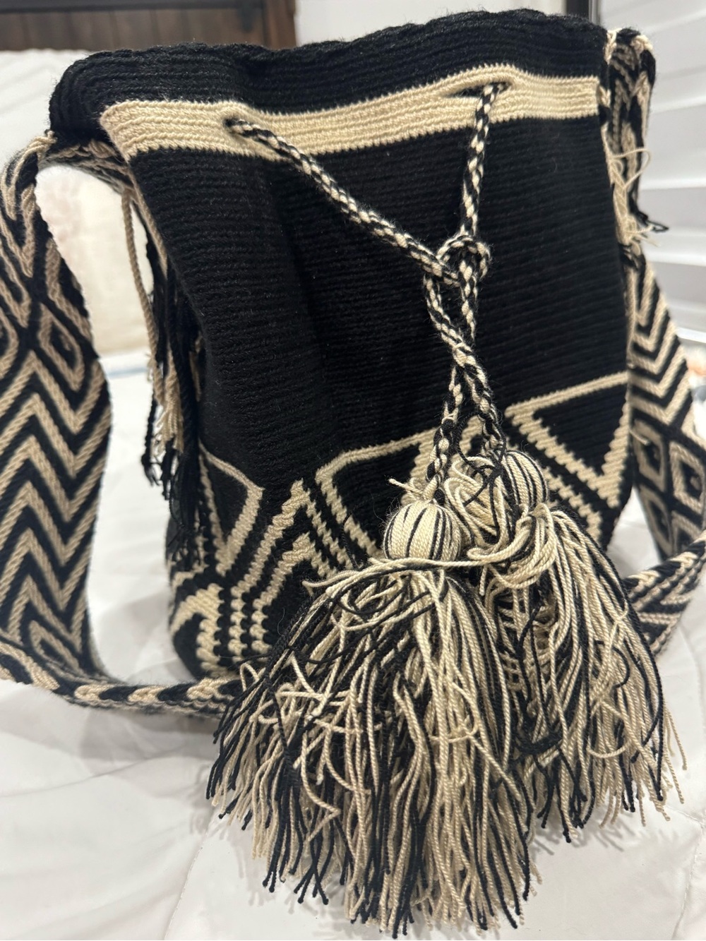 Handwoven Black and Cream Crossbody Tote Bag